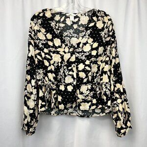 H&M Womens Multicolor Floral Long Sleeve Cinch Waist V-Neck Blouse Top Size 4